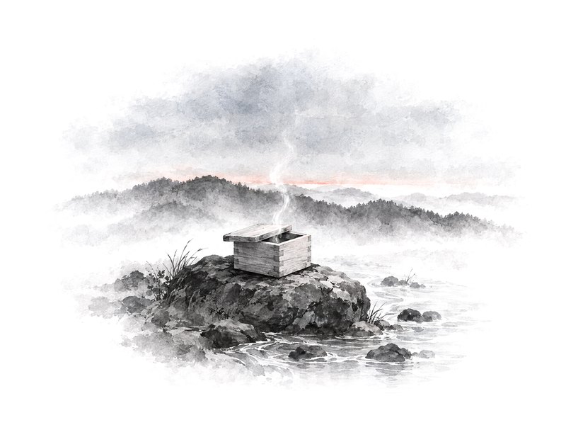 Ink painting: a small open wooden box on a rock by a stream before dawn, a wisp of mist rising, a first vermilion glow on the horizon.