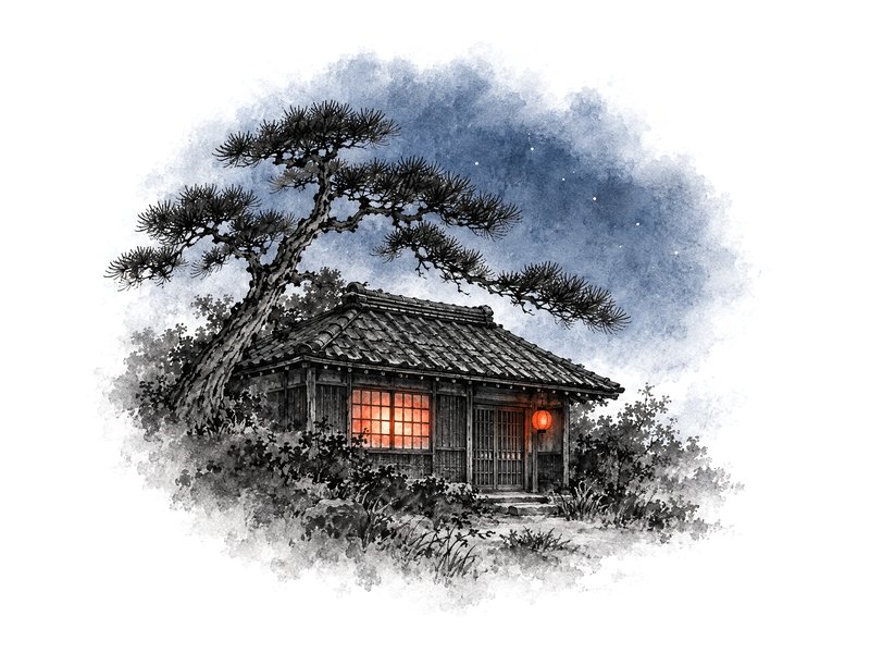 Ink painting: the small house at dusk under the old pine, its window and paper lantern glowing vermilion.