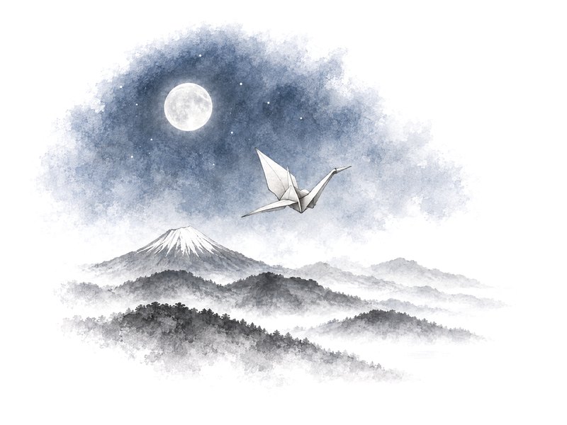 Ink painting: the paper crane flying under the full moon over misty mountain ridges.