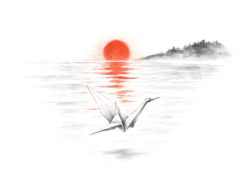 Ink painting: the vermilion sun rising over calm water as the paper crane glides home.